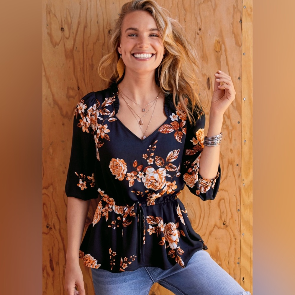 Maurices Black Floral V-Neck Peplum Blouse